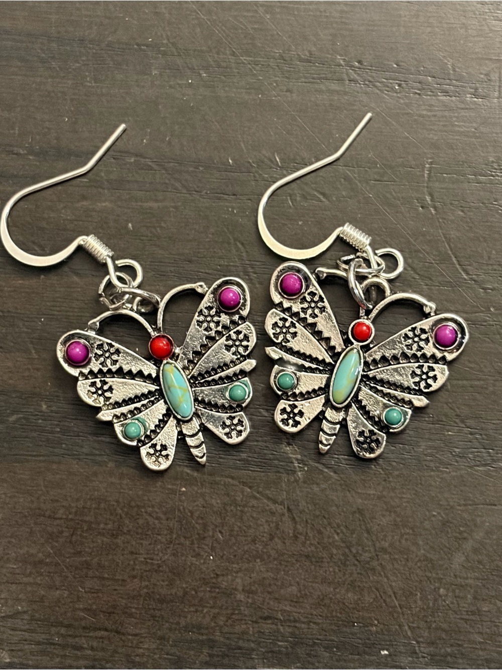 Silver Butterfly Drop Earrings with Multicolor Stones